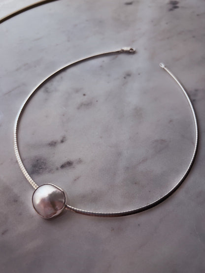 Natural Mabe white pearl and sterling silver collar necklace omega flexible chain - KathyRossJewelry