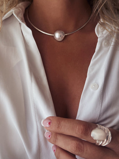Natural Mabe white pearl and sterling silver collar necklace omega flexible chain - KathyRossJewelry