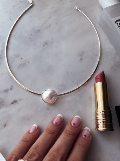 Natural Mabe white pearl and sterling silver collar necklace omega flexible chain - KathyRossJewelry
