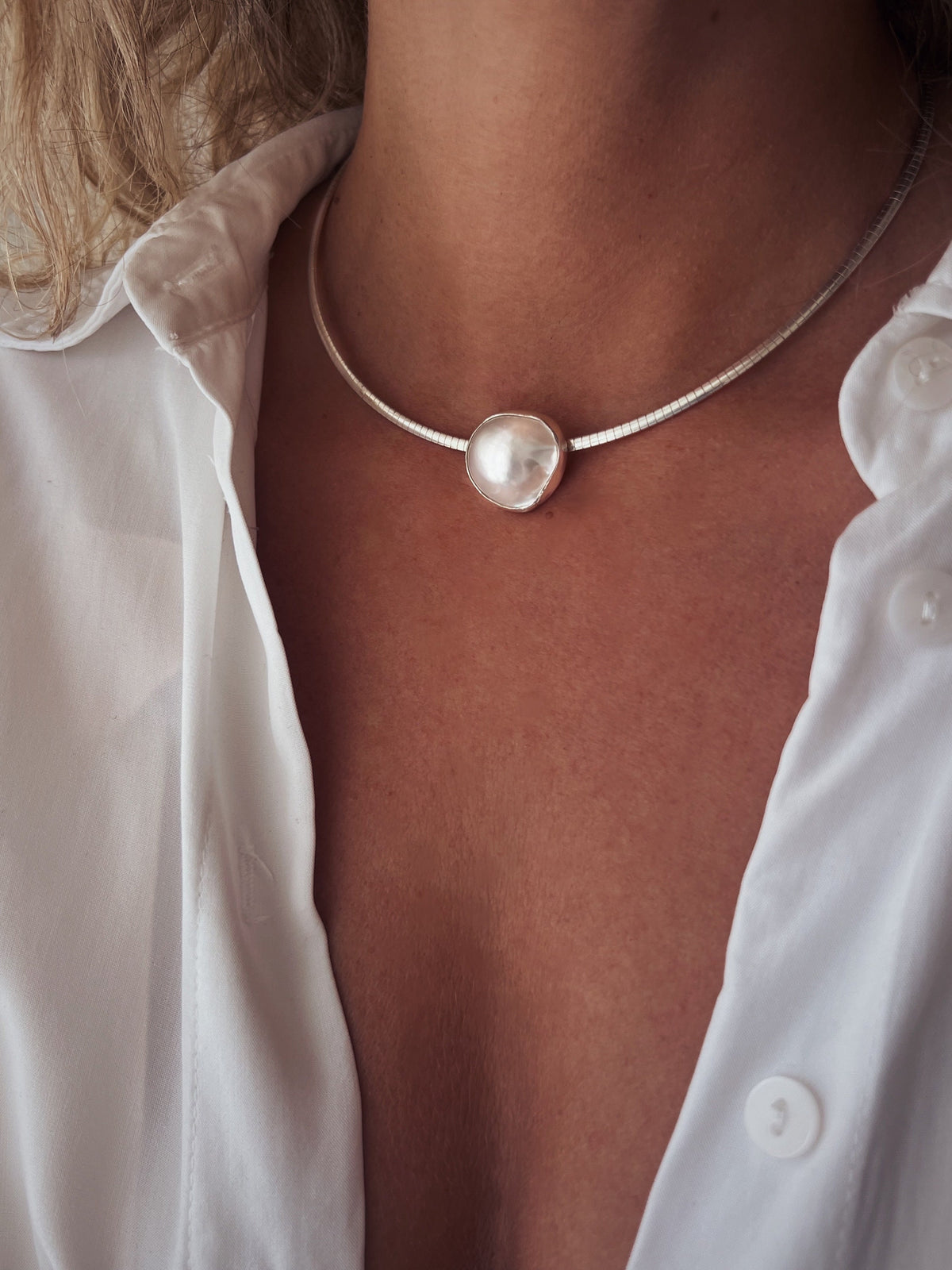 Natural Mabe white pearl and sterling silver collar necklace omega flexible chain - KathyRossJewelry