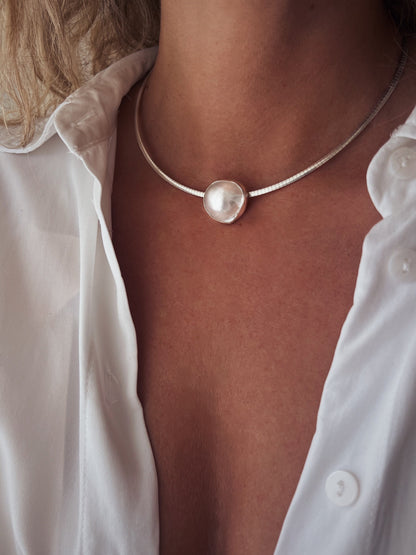 Natural Mabe white pearl and sterling silver collar necklace omega flexible chain - KathyRossJewelry
