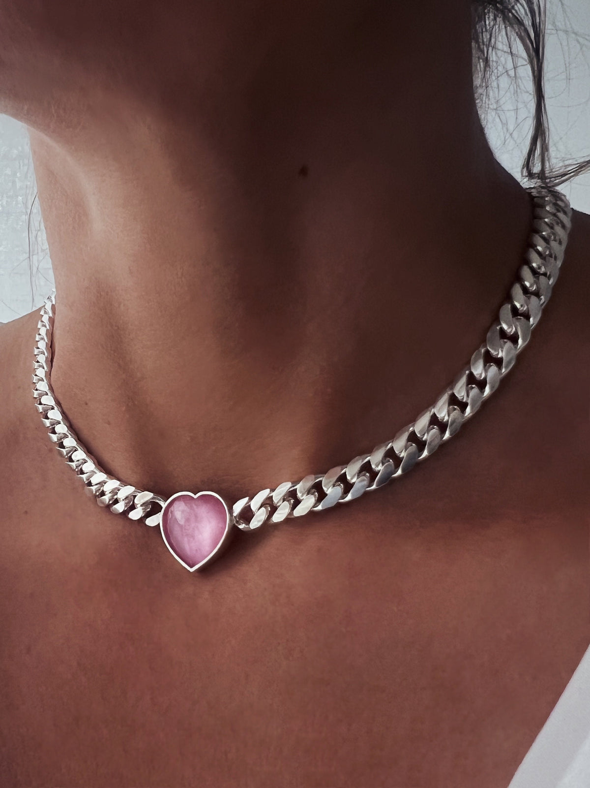 Solid sterling Silver Chain necklace with tourmaline heart - KathyRossJewelry