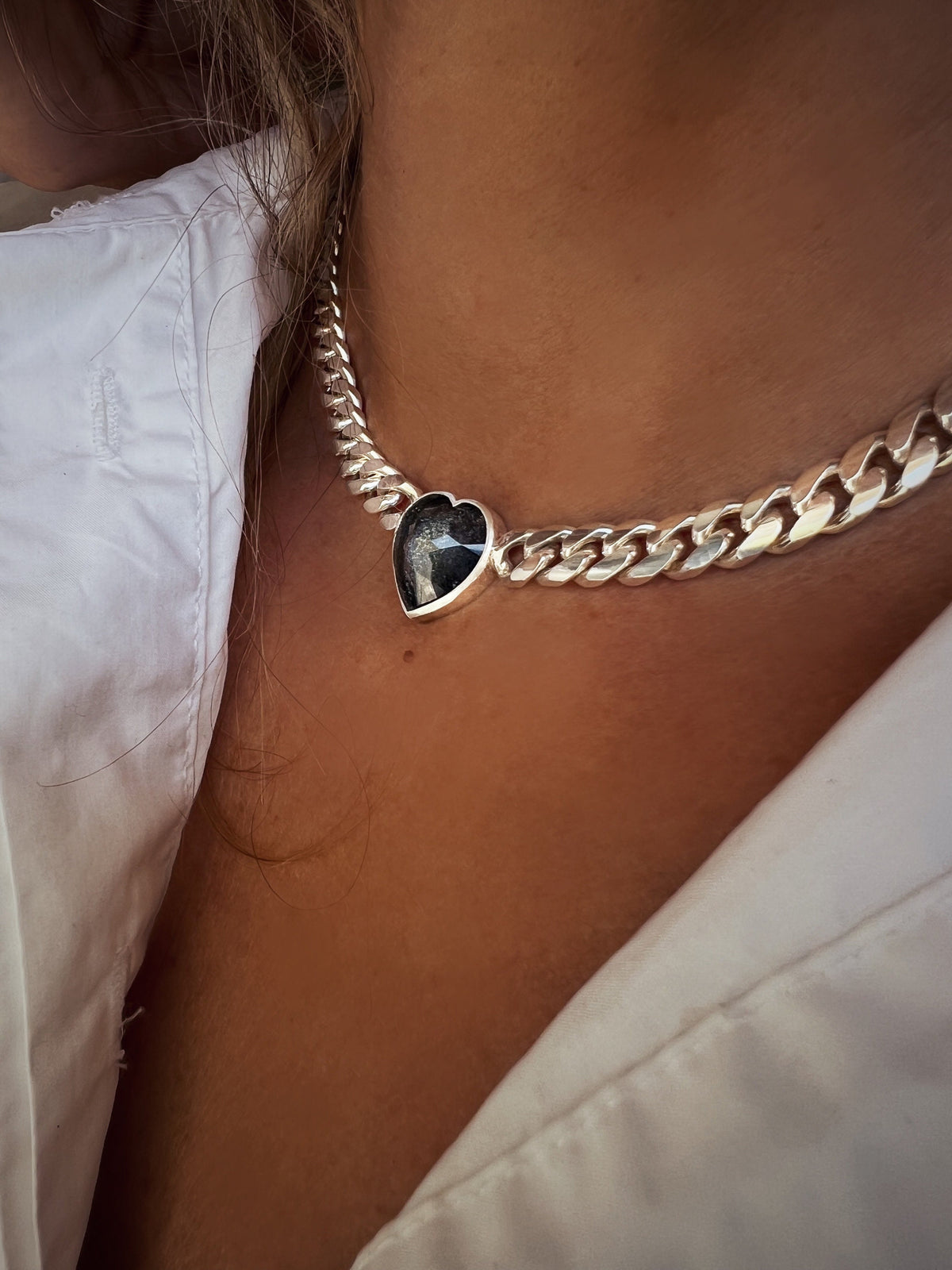 Solid sterling Silver Chain necklace with tourmaline heart - KathyRossJewelry