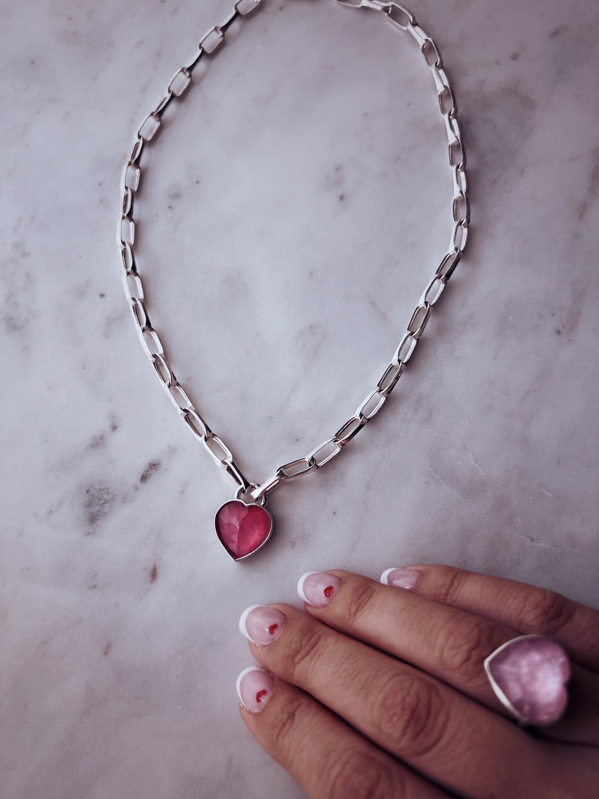 Pink tourmaline heard on solid sterling silver 925 chain necklace - KathyRossJewelry