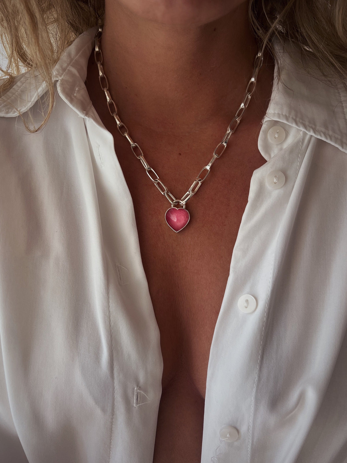 Pink tourmaline heard on solid sterling silver 925 chain necklace - KathyRossJewelry