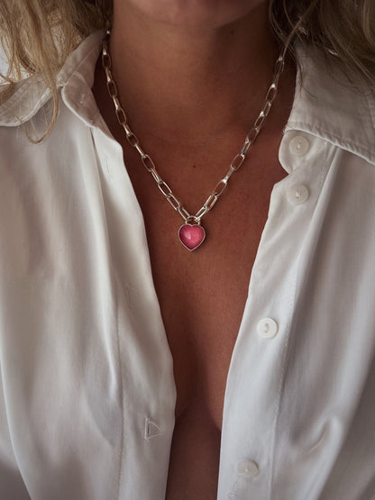 Pink tourmaline heard on solid sterling silver 925 chain necklace - KathyRossJewelry