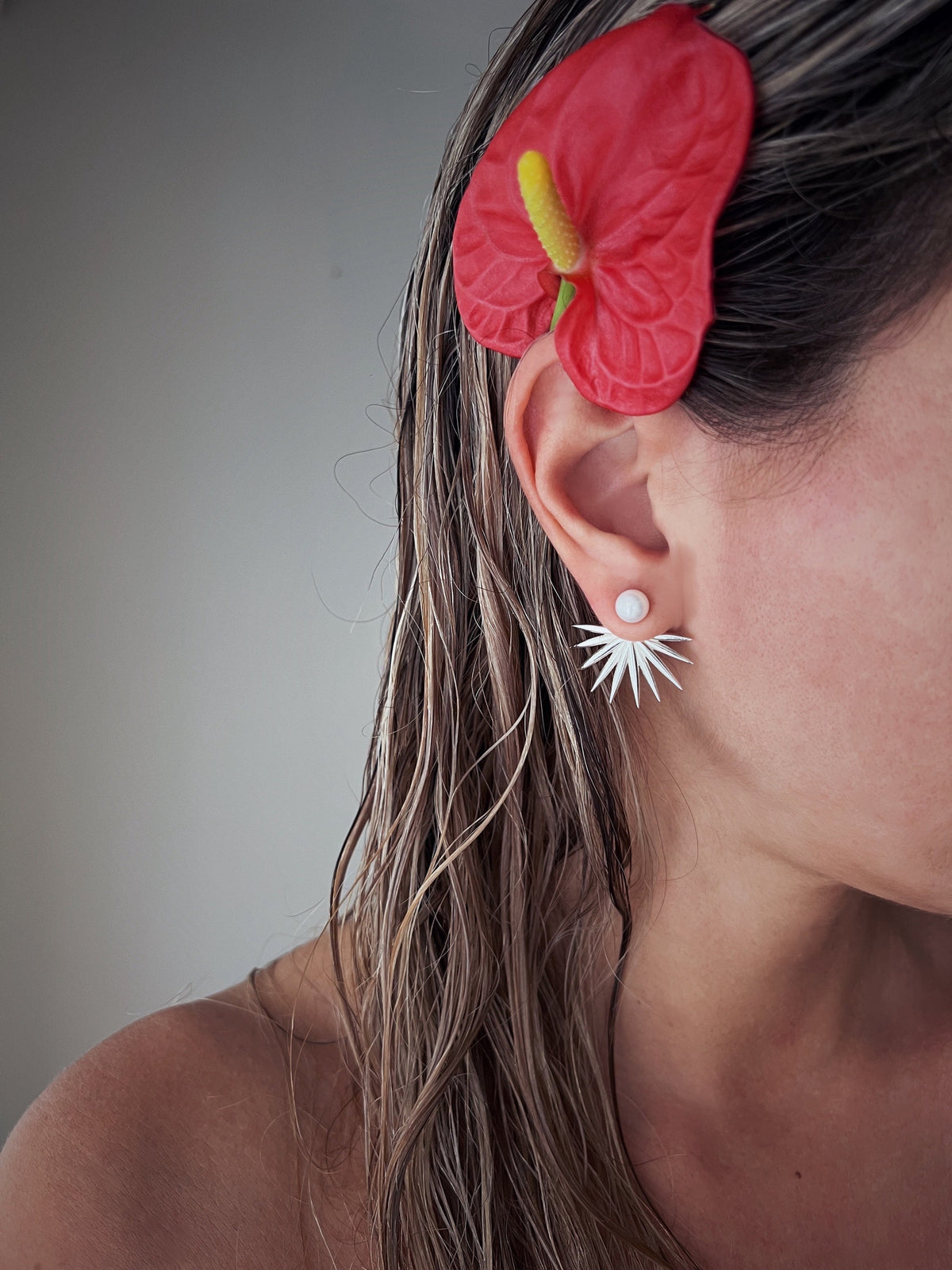 Studs pearl earrings gold filled solid silver tropical leafs ear cuffs - KathyRossJewelry
