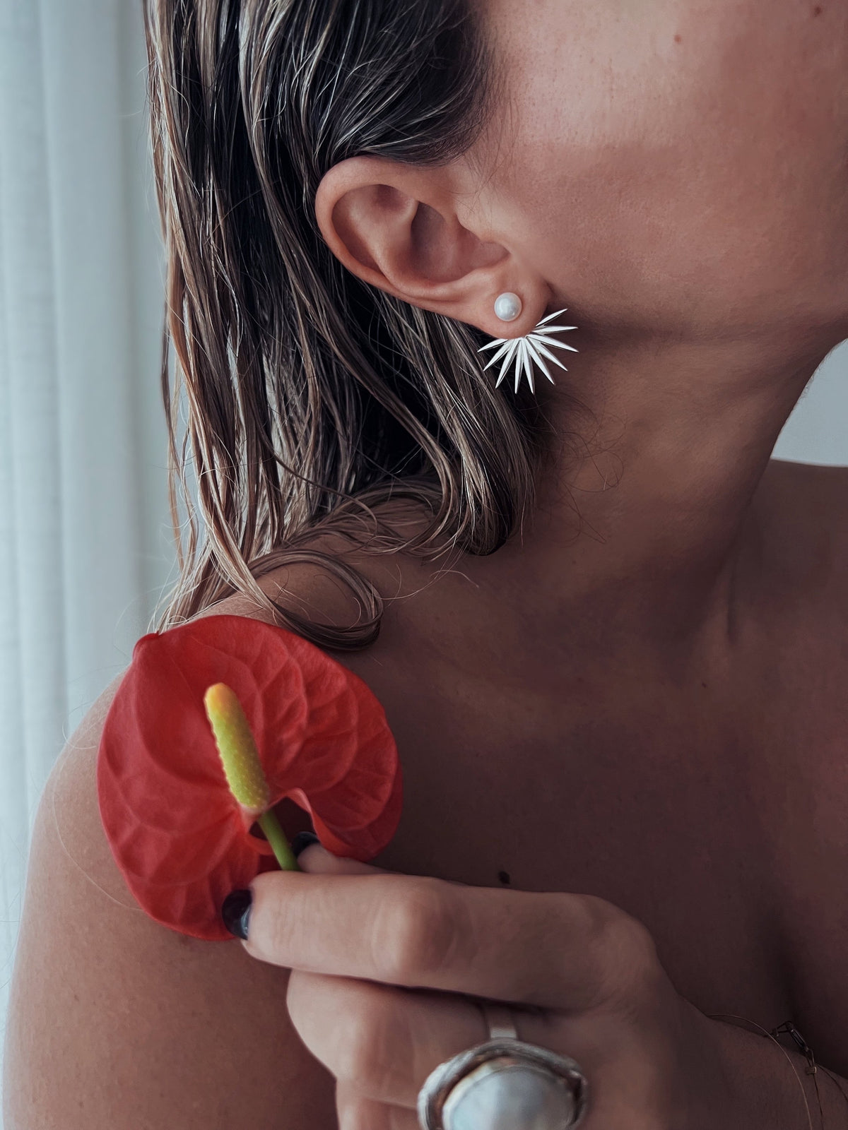 Studs pearl earrings gold filled solid silver tropical leafs ear cuffs - KathyRossJewelry