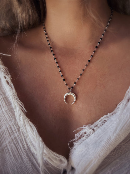 Silver Crescent Moon necklace, rosary chain moon pendant - KathyRossJewelry