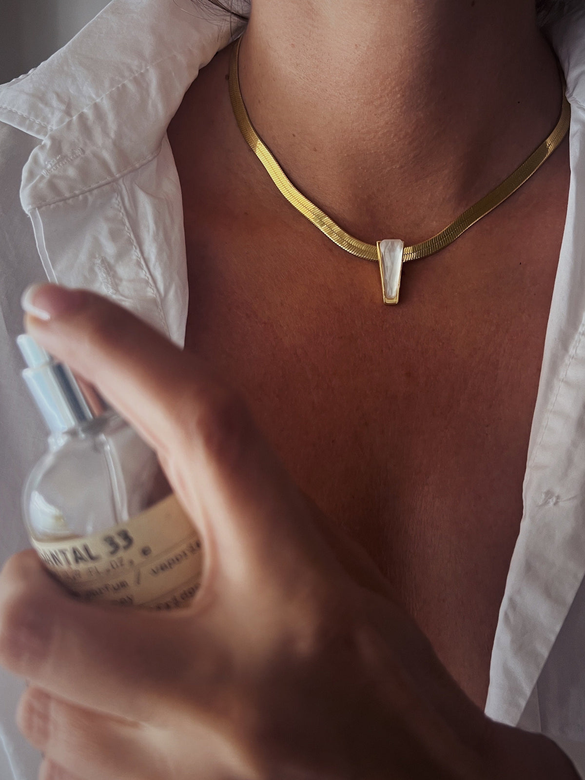 Gold Herringbone Chain Necklace: Chrysocolla Crystal Pendant, Handmade - KathyRossJewelry