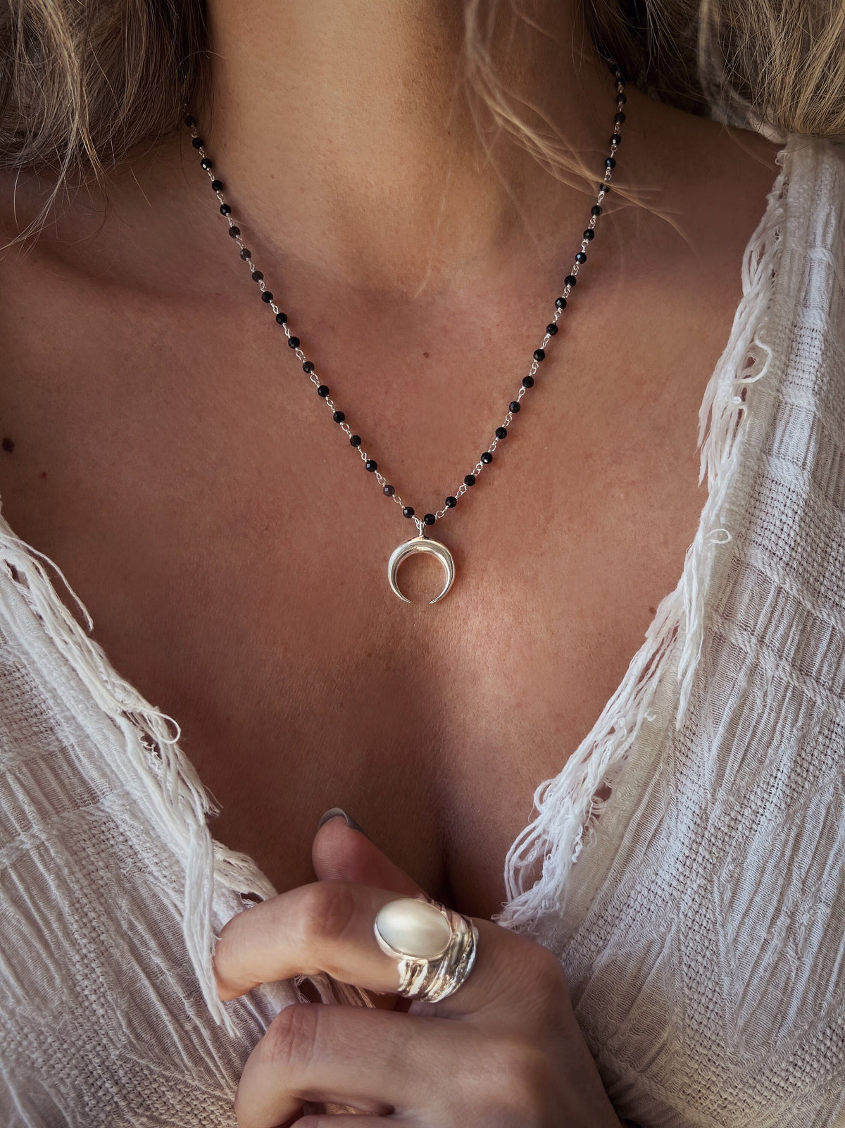 Silver Crescent Moon necklace, rosary chain moon pendant - KathyRossJewelry