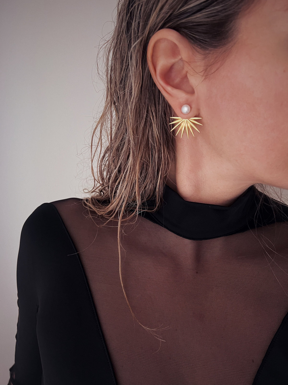 Studs pearl earrings gold filled solid silver tropical leafs ear cuffs - KathyRossJewelry