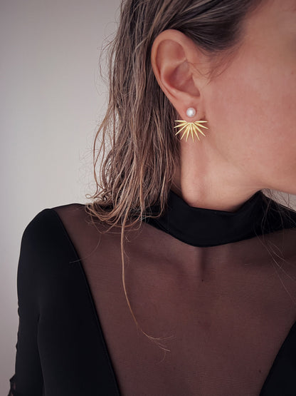 Studs pearl earrings gold filled solid silver tropical leafs ear cuffs - KathyRossJewelry