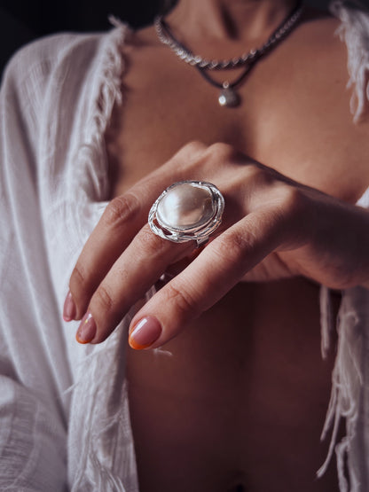 Pearl Sterling Silver Ring: Handmade Statement cocktail halo ring - KathyRossJewelry