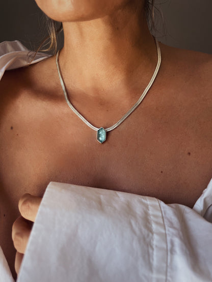 Aquamarine Pendant Necklace: Sterling Silver Herringbone Chain - KathyRossJewelry