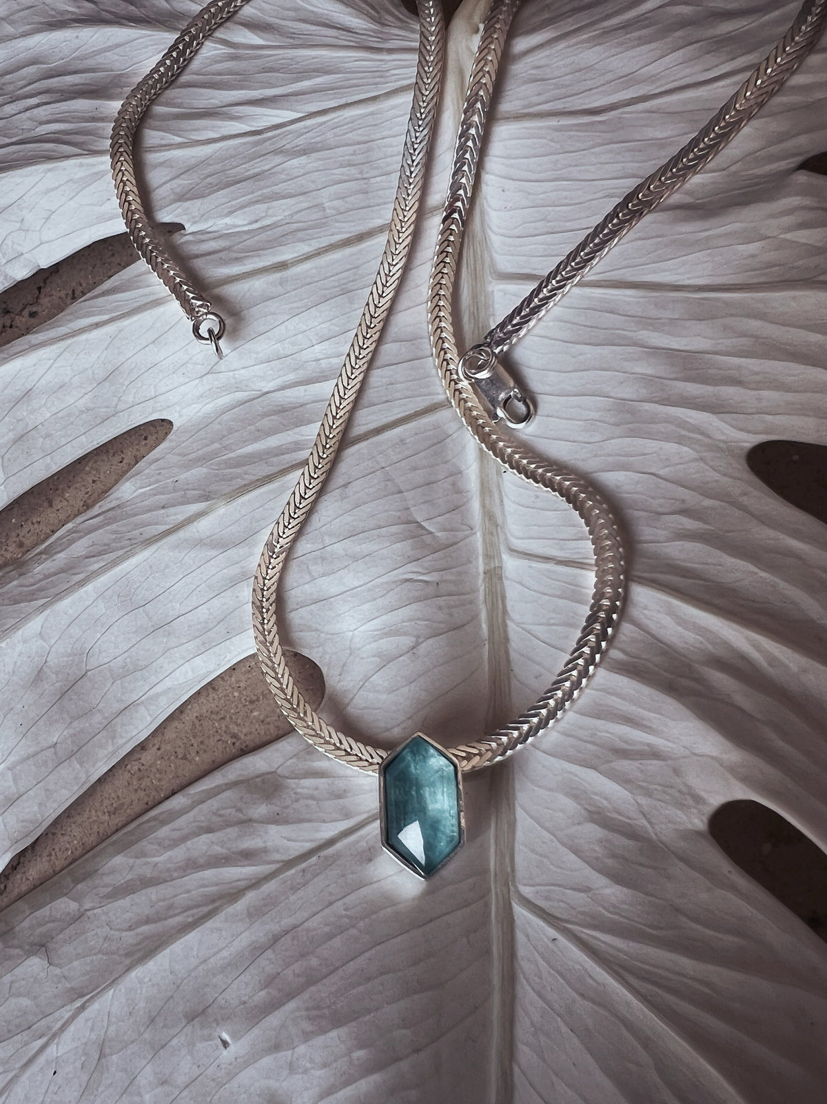 Aquamarine Pendant Necklace: Sterling Silver Herringbone Chain - KathyRossJewelry