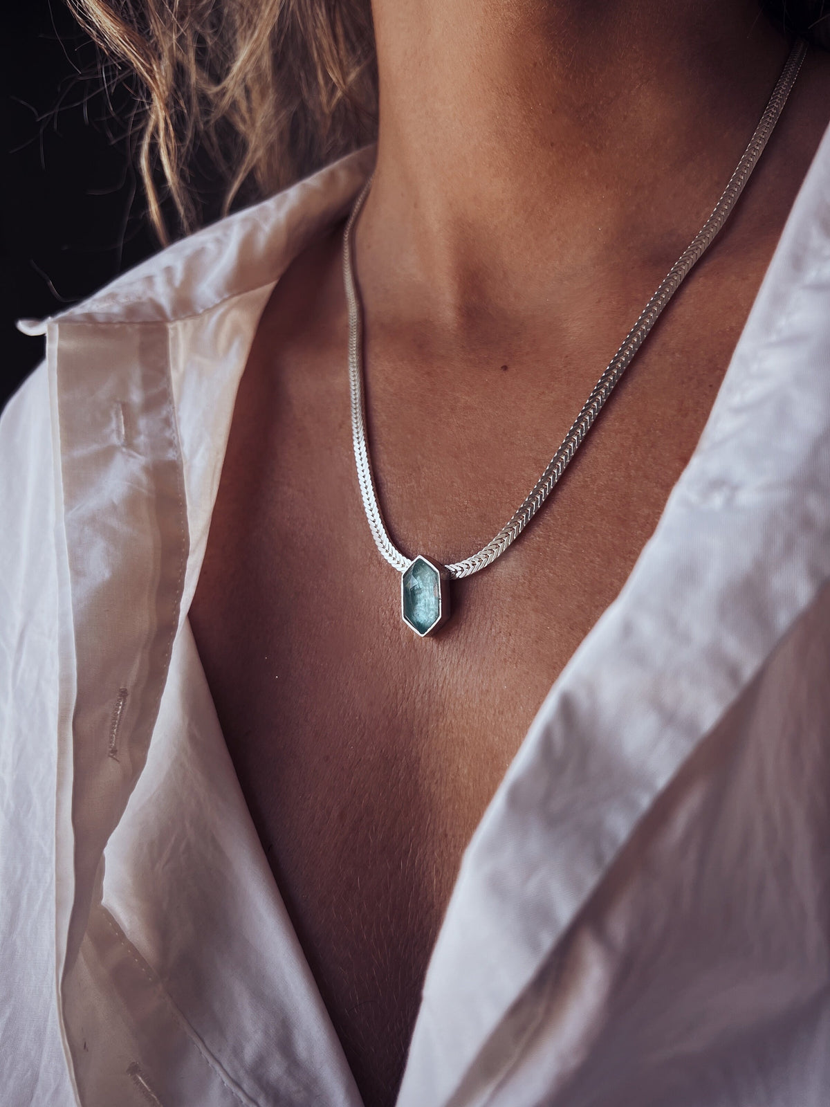 Aquamarine Pendant Necklace: Sterling Silver Herringbone Chain - KathyRossJewelry