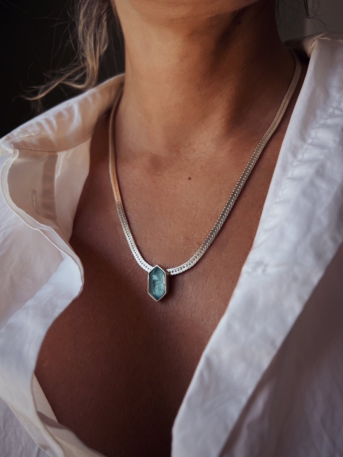 Aquamarine Pendant Necklace: Sterling Silver Herringbone Chain - KathyRossJewelry