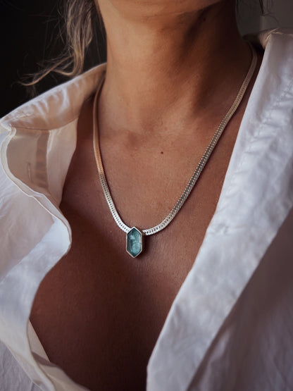 Aquamarine Pendant Necklace: Sterling Silver Herringbone Chain - KathyRossJewelry