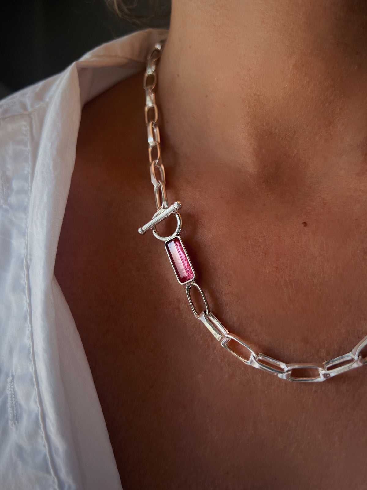 Sterling Silver 925 necklace with aquamarine : T-Bar clasp paperclip Chain - KathyRossJewelry