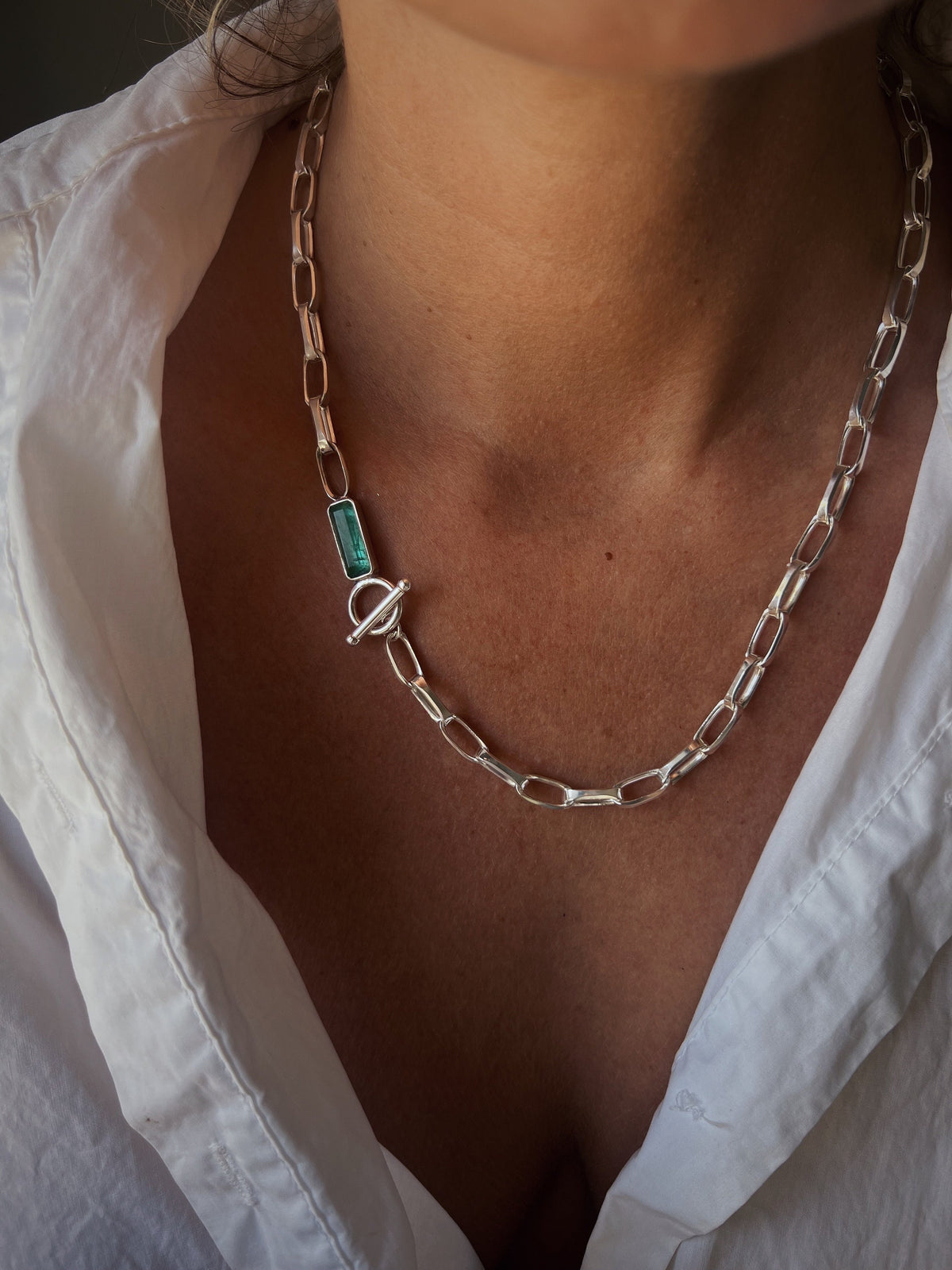 Sterling Silver 925 necklace with aquamarine : T-Bar clasp paperclip Chain - KathyRossJewelry