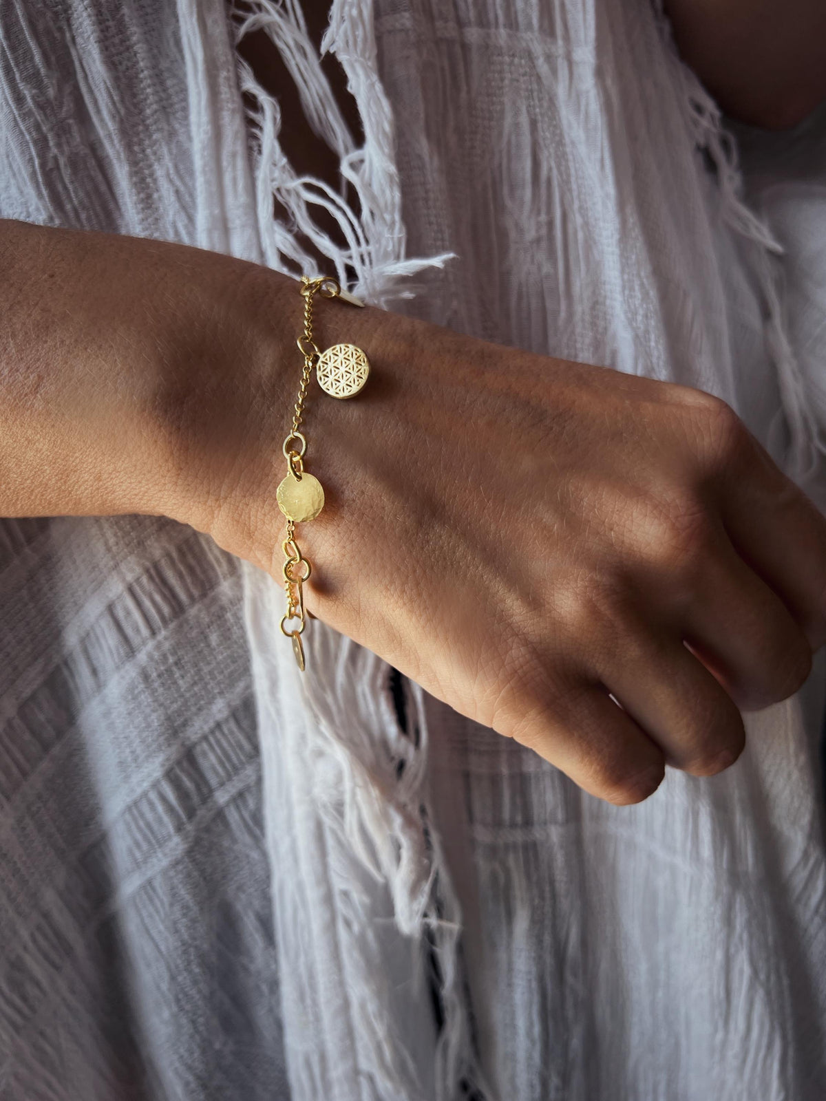 Gold filled Silver 925 chain Bracelet: Hammered Disc Charms - KathyRossJewelry