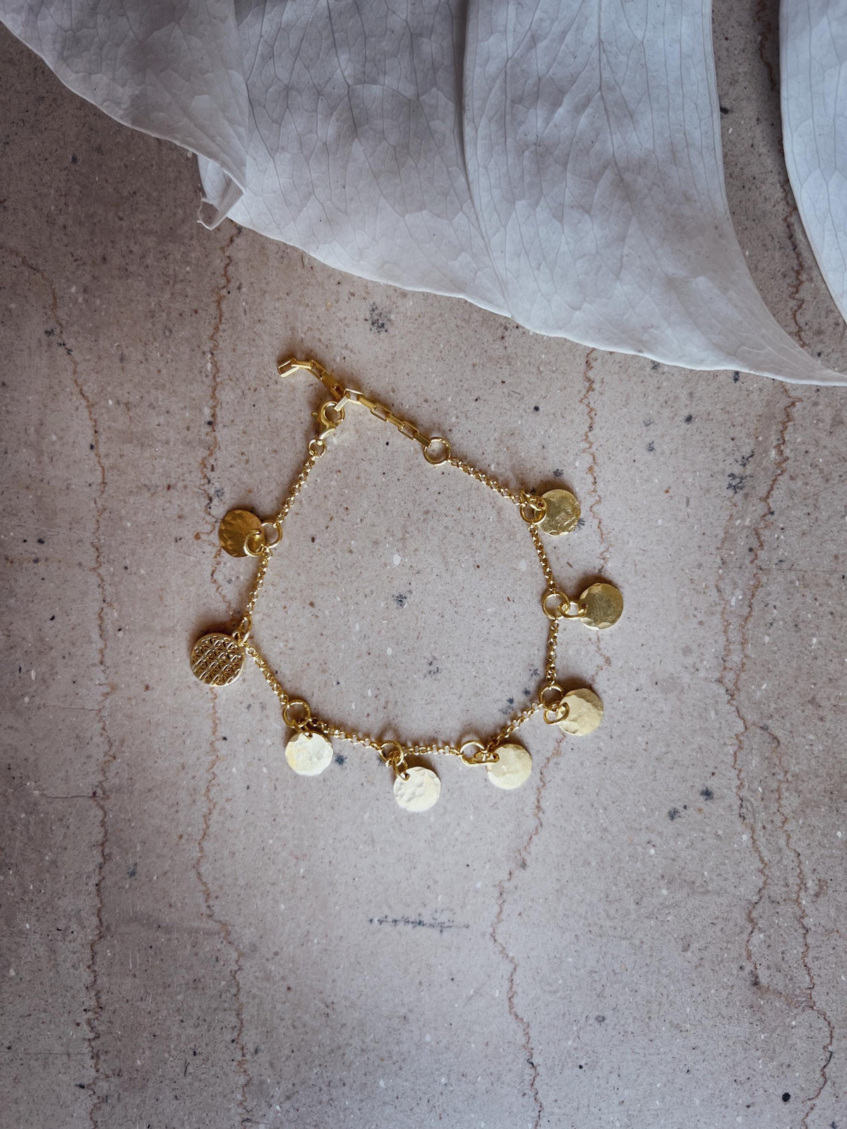 Gold filled Silver 925 chain Bracelet: Hammered Disc Charms - KathyRossJewelry