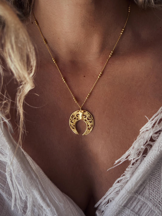 22k Gold Plated Sterling Silver Crescent Moon Pendant Necklace: Balinese Bone Carving (49cm) - KathyRossJewelry