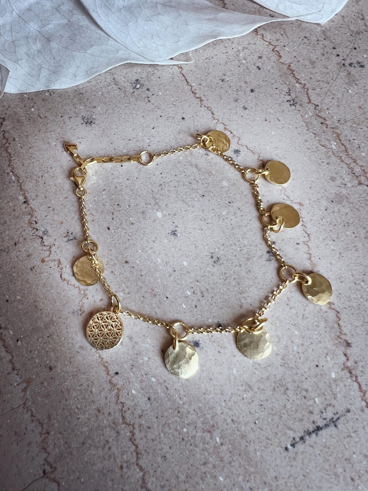 Gold filled Silver 925 chain Bracelet: Hammered Disc Charms - KathyRossJewelry