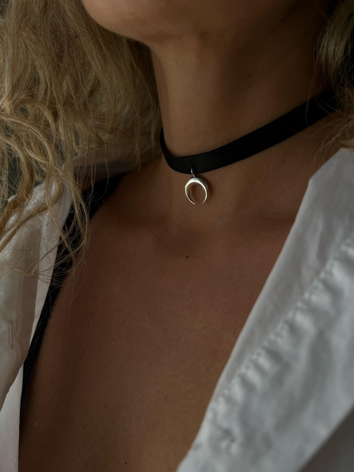 Sterling Silver Moon Choker: Black Velvet Ribbon Necklace - KathyRossJewelry