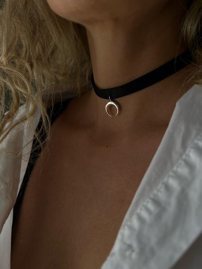 Sterling Silver Moon Choker: Black Velvet Ribbon Necklace - KathyRossJewelry