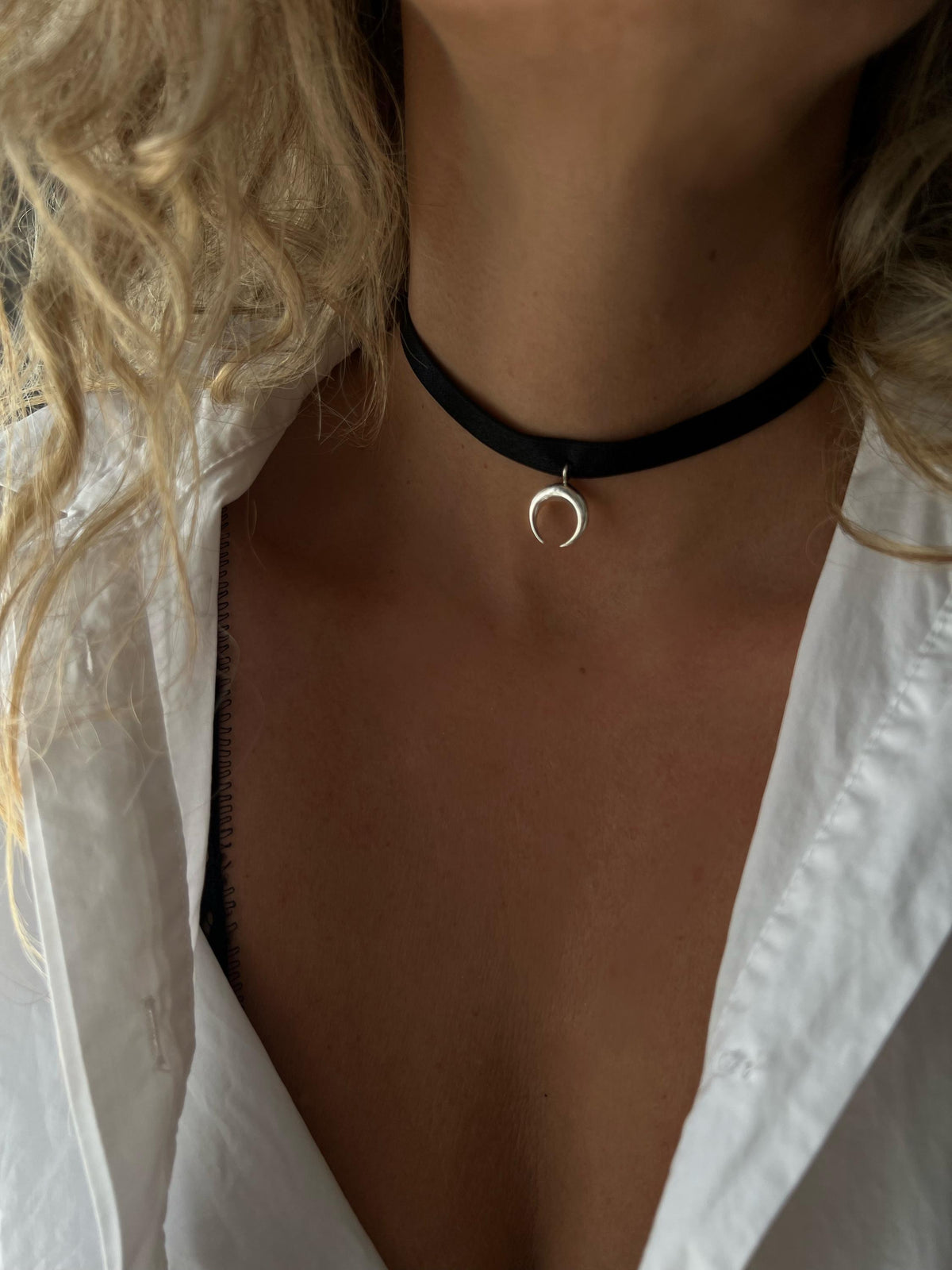 Sterling Silver Moon Choker: Black Velvet Ribbon Necklace - KathyRossJewelry