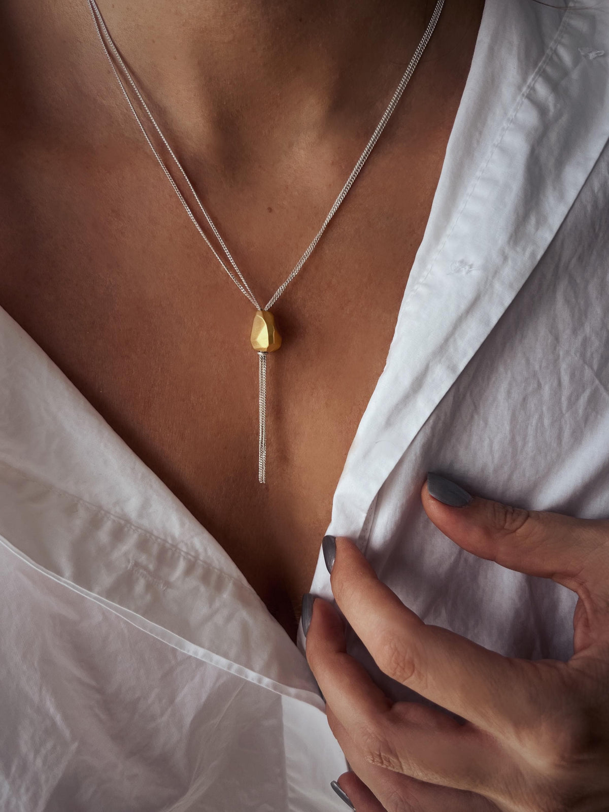 Tassel Sterling Silver Multiple Chains Necklace with geometric ornament - KathyRossJewelry
