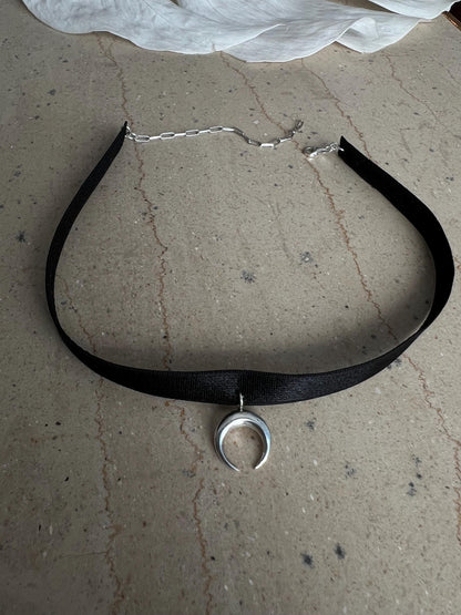 Sterling Silver Moon Choker: Black Velvet Ribbon Necklace - KathyRossJewelry