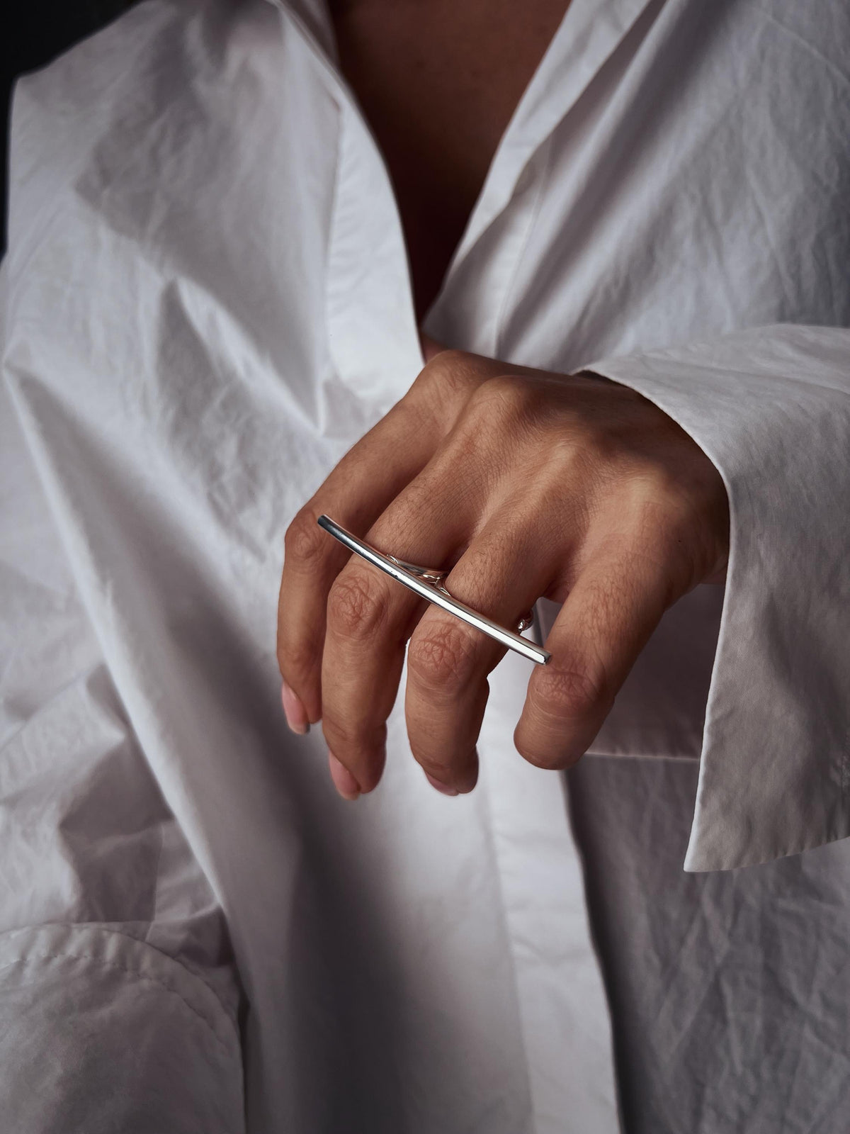 Double finger silver ring rectangle bar Minimalist Geometric Jewelry - KathyRossJewelry