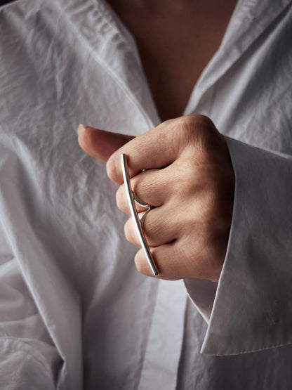 Double finger silver ring rectangle bar Minimalist Geometric Jewelry - KathyRossJewelry