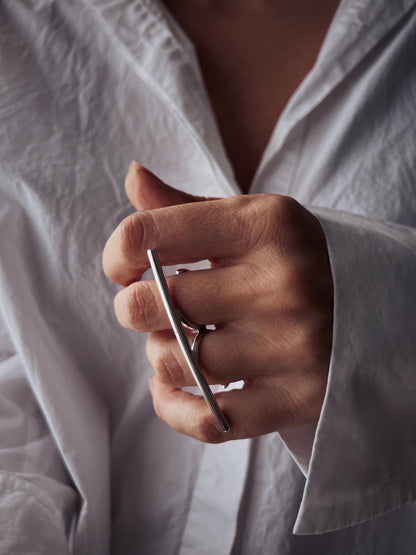 Double finger silver ring rectangle bar Minimalist Geometric Jewelry - KathyRossJewelry