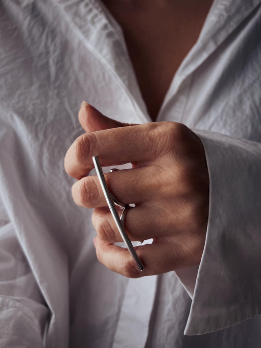 Double finger silver ring rectangle bar Minimalist Geometric Jewelry - KathyRossJewelry