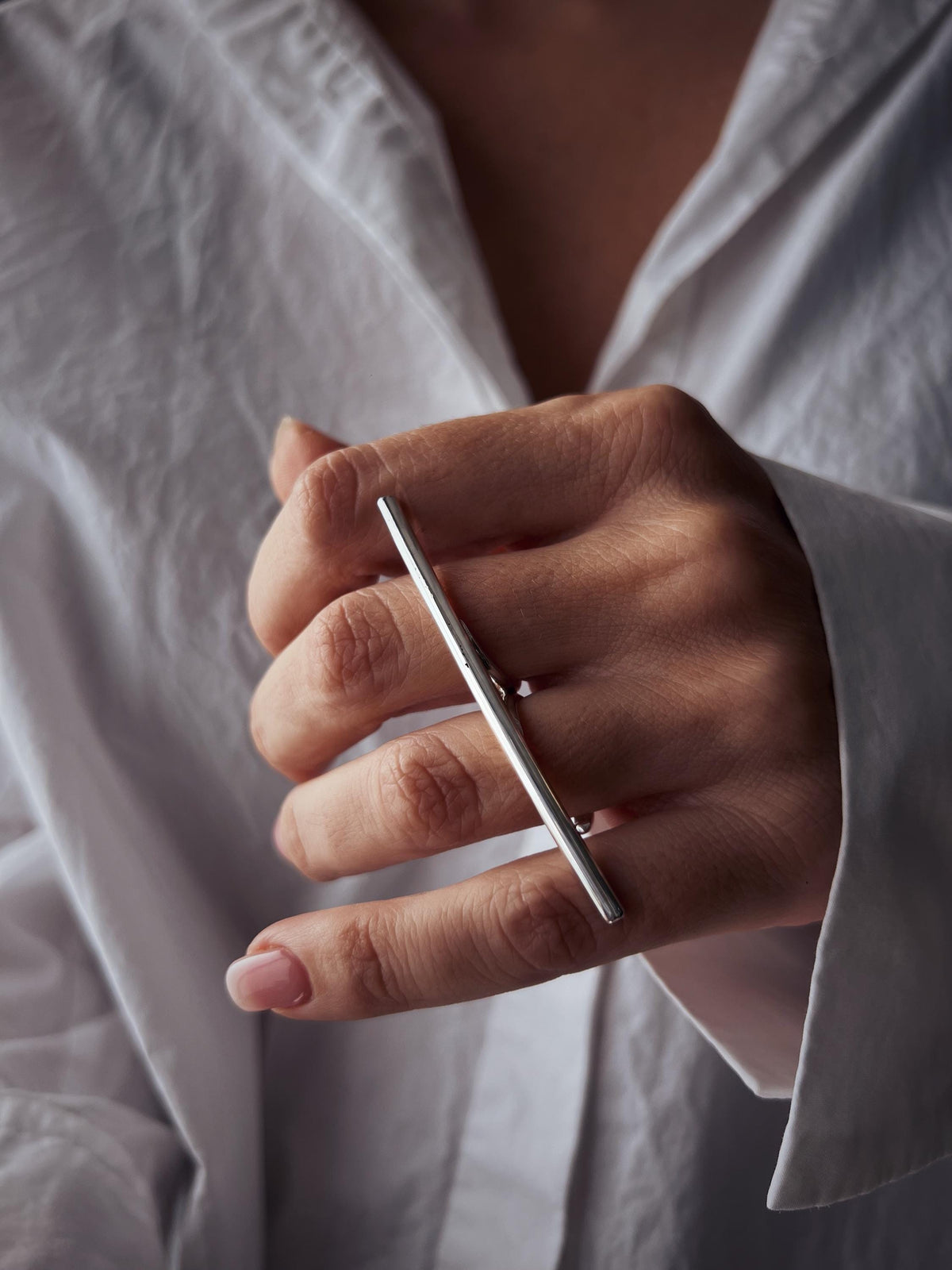 Double finger silver ring rectangle bar Minimalist Geometric Jewelry - KathyRossJewelry