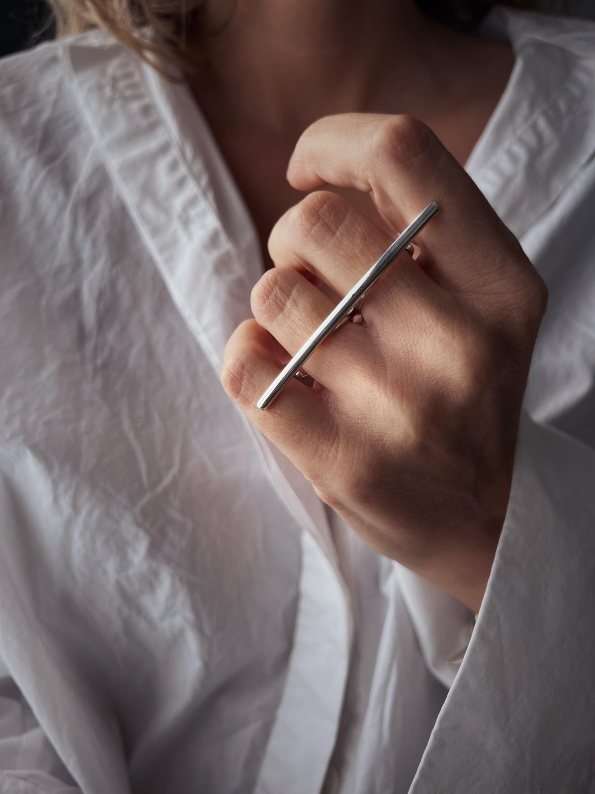 Double finger silver ring rectangle bar Minimalist Geometric Jewelry - KathyRossJewelry