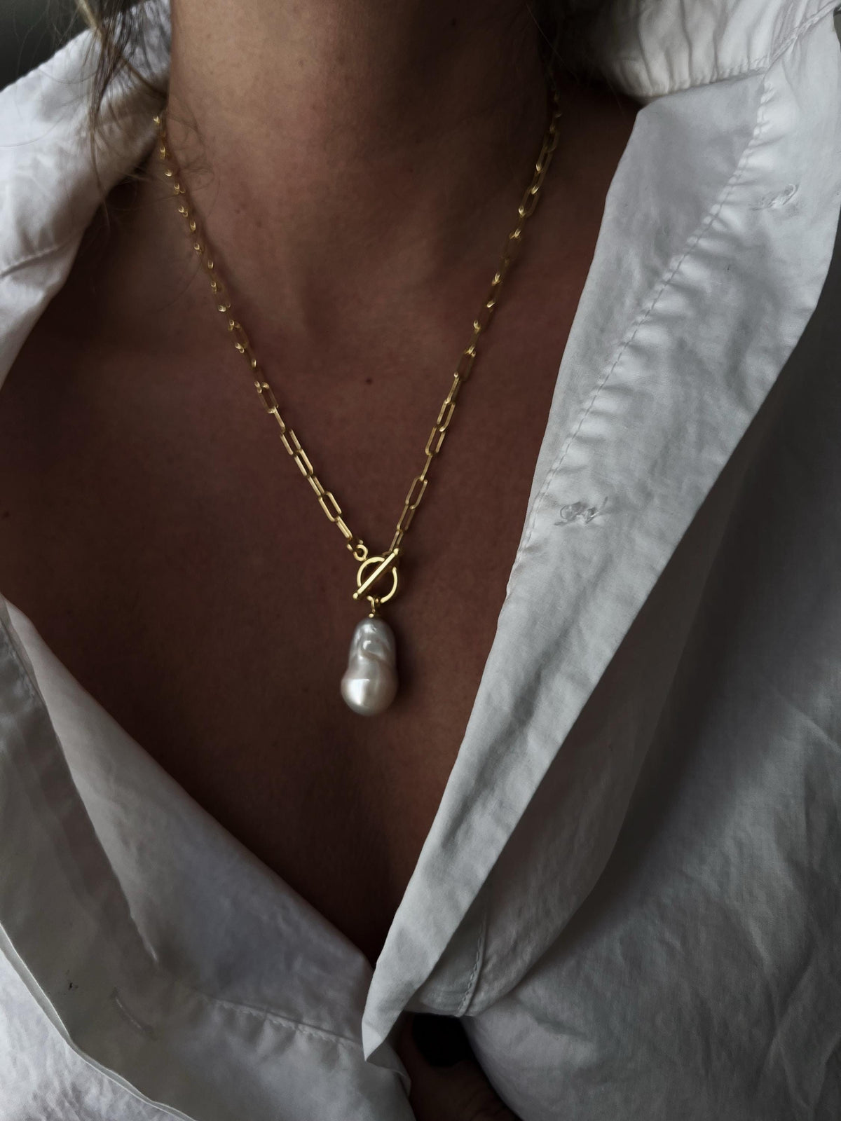 Baroque Pearl Necklace: Gold filled Sterling Silver Paperclip Chain, Toggle Clasp - KathyRossJewelry