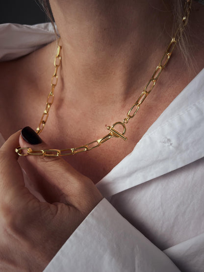 18k gold filled sterling silver paperclip chain necklace with t bar clasp - KathyRossJewelry