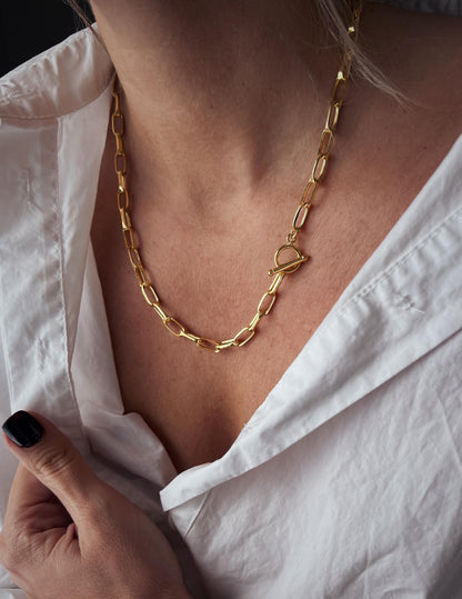 18k gold filled sterling silver paperclip chain necklace with t bar clasp - KathyRossJewelry