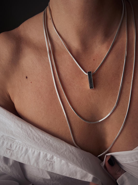 Silver Multi-Chain Necklace: Bar Pendant, Snake Chain, Precious gemstone - KathyRossJewelry
