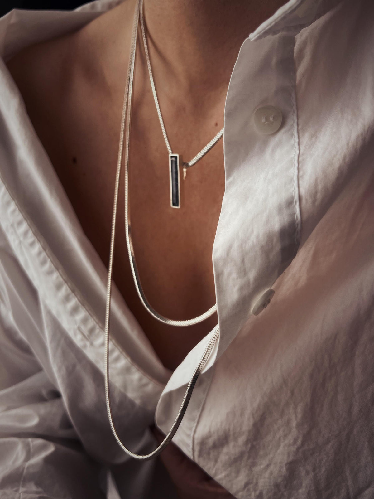Silver Multi-Chain Necklace: Bar Pendant, Snake Chain, Precious gemstone - KathyRossJewelry