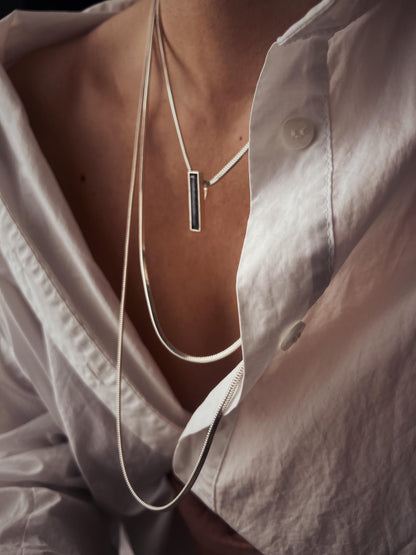 Silver Multi-Chain Necklace: Bar Pendant, Snake Chain, Precious gemstone - KathyRossJewelry