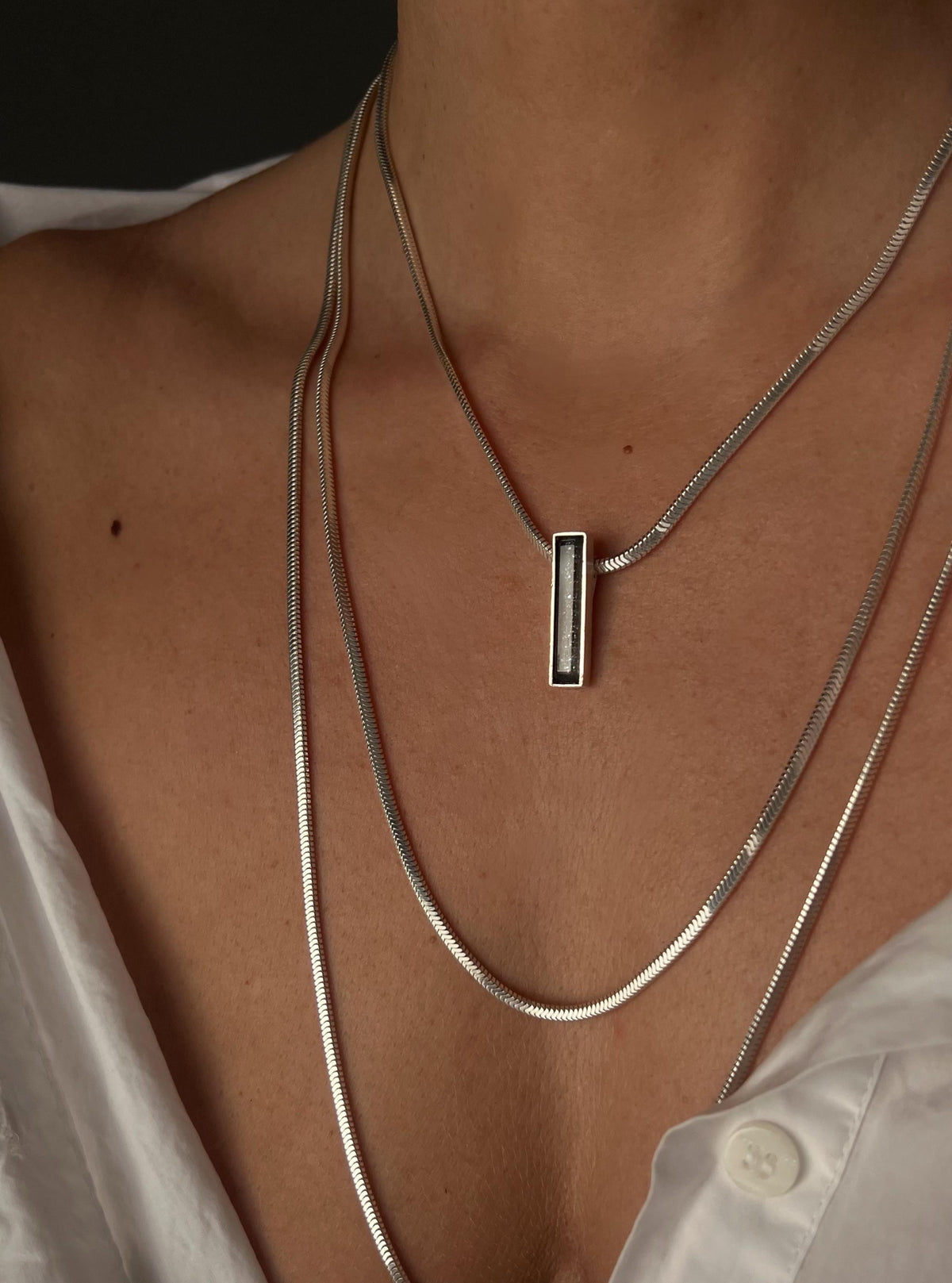 Silver Multi-Chain Necklace: Bar Pendant, Snake Chain, Precious gemstone - KathyRossJewelry