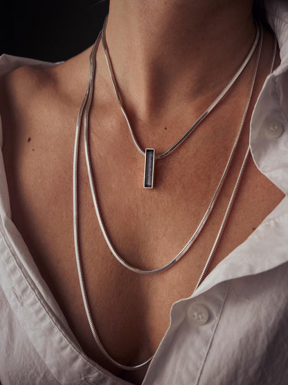 Silver Multi-Chain Necklace: Bar Pendant, Snake Chain, Precious gemstone - KathyRossJewelry