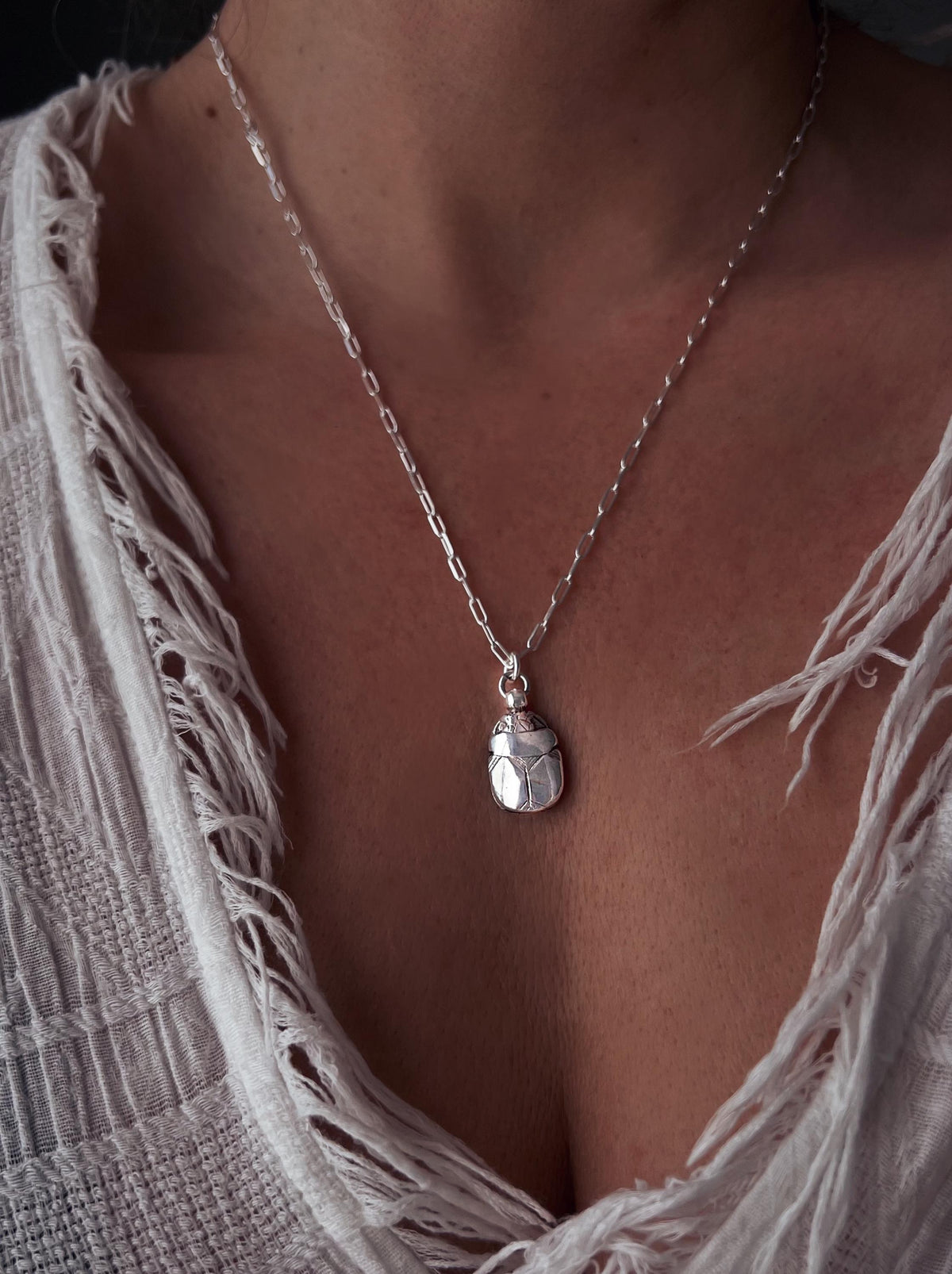 Solid sterling Silver Egyptian Scarab charm Necklace , Protection Amulet Gift - KathyRossJewelry