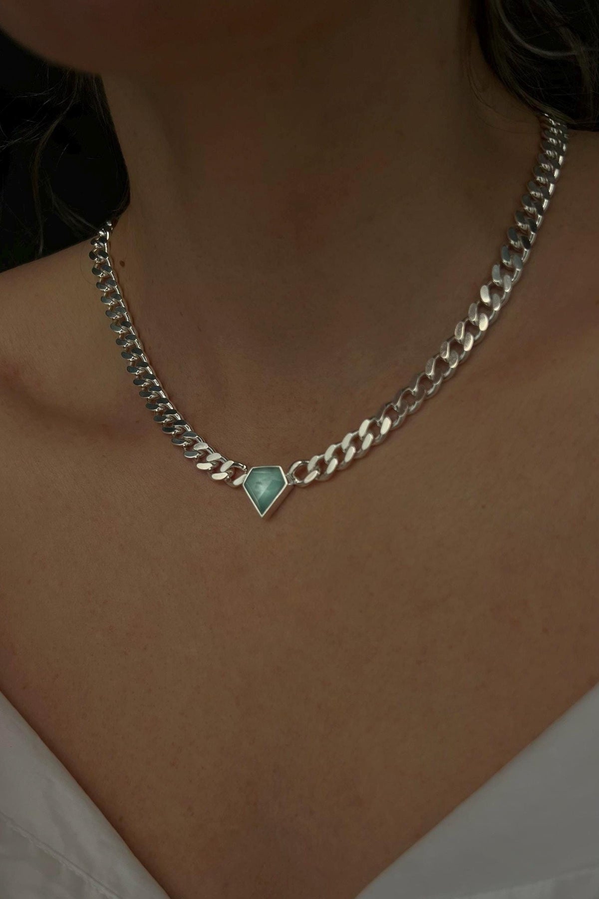 Solid silver Chain necklace diamond shape stone :aquamarine and morganite - KathyRossJewelry